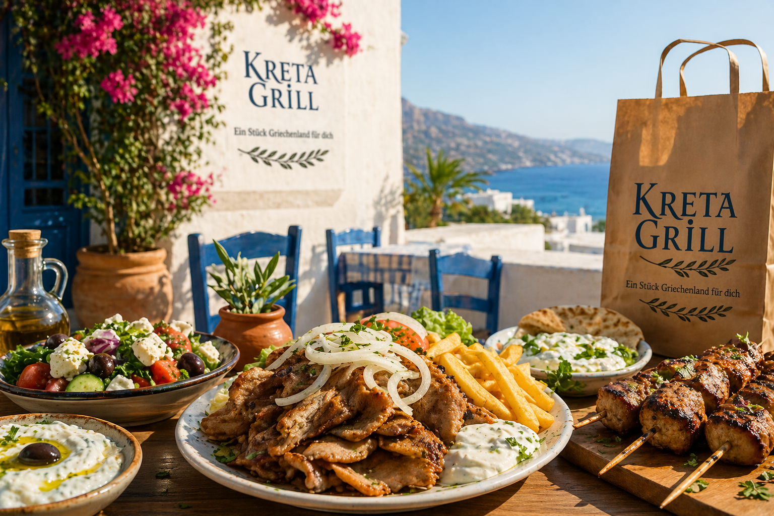 Mediterrane Illustration mit Bougainvillea für Kreta Grill Aerzen