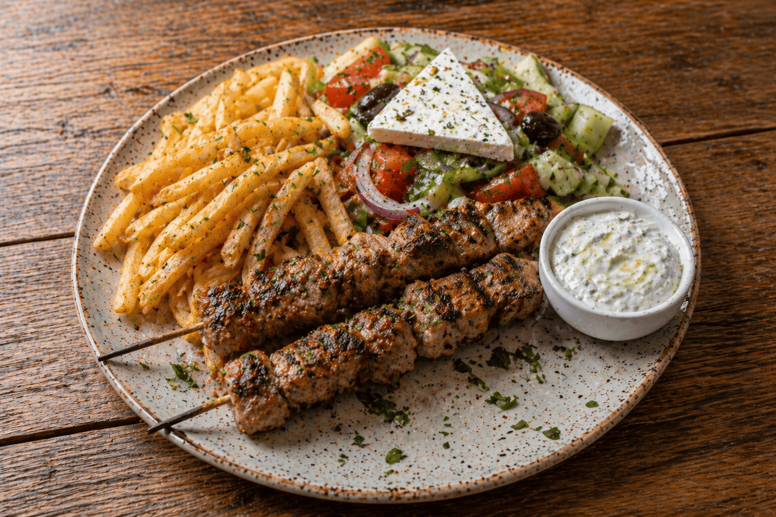 Suflaki vom Holzkohle-Spieß mit Salat — Kreta Grill Aerzen
